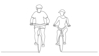 Continuous Line Drawing of Couple on Bike. One Line Drawing of Riding on Bicycle. Family Sport Concept Single Line Art Vector Illustration.