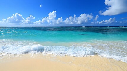 Tranquil Beach Scene Under a Blue Sky with Fluffy Clouds