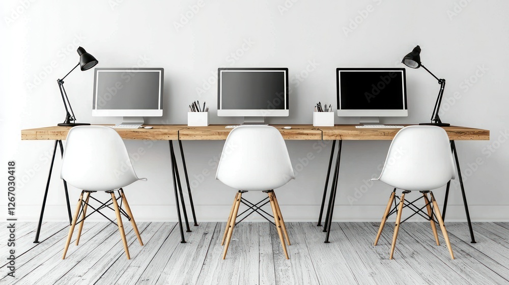 Aufkleber modern coworking space with computers for collaboration in a bright office setting