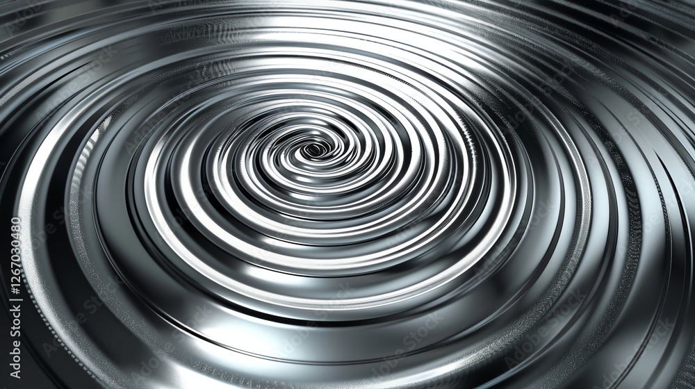 Poster abstract 3d rendering of a metallic, swirling shape with a reflective surface.