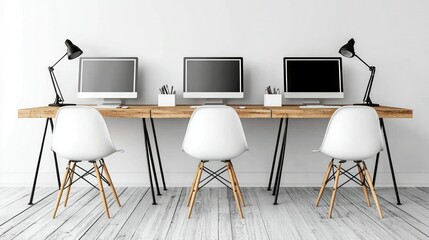 Modern coworking space with computers for collaboration in a bright office setting