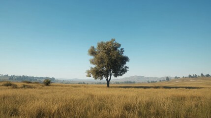Obraz premium Solitary tree in vast golden field under clear sky, serene landscape