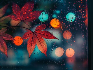 Abstract Fall Leaves Sticking to a Rain-Covered Glass Window, Vibrant Autumn Foliage in Red, Orange, and Yellow with Blurred Background and Water Droplets for a Cozy Seasonal Mood