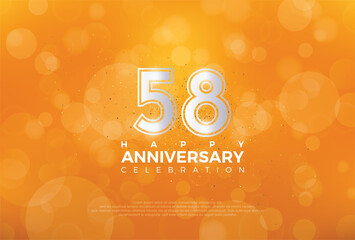 58th Anniversary celebration, 58 Anniversary celebration, Realistic 3d sign, Orange background, festive illustration, Silver number 58 sparkling Glitter, 58,59