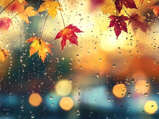 Abstract Fall Leaves Sticking to a Rain-Covered Glass Window, Vibrant Autumn Foliage in Red, Orange, and Yellow with Blurred Background and Water Droplets for a Cozy Seasonal Mood