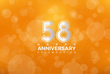 58th Anniversary celebration, 58 Anniversary celebration, Realistic 3d sign, Orange background, festive illustration, Silver number 58 sparkling Glitter, 58,59