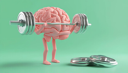 Human brain lifting heavy barbell, mental health