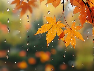 Abstract Fall Leaves Sticking to a Rain-Covered Glass Window, Vibrant Autumn Foliage in Red, Orange, and Yellow with Blurred Background and Water Droplets for a Cozy Seasonal Mood