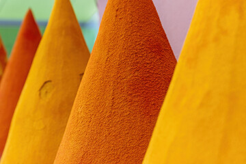 Selection of spices on a traditional Moroccan market closeup. Marrakesh. Morocco. 
