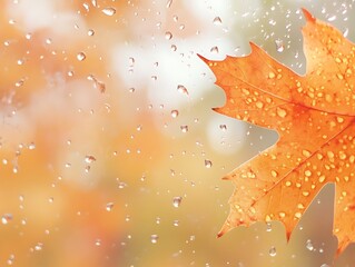 Abstract Fall Leaves Sticking to a Rain-Covered Glass Window, Vibrant Autumn Foliage in Red, Orange, and Yellow with Blurred Background and Water Droplets for a Cozy Seasonal Mood