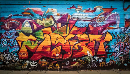 Vibrant urban graffiti art explodes across a brick wall. Bold colors and dynamic shapes create a powerful visual statement, perfect for projects needing an edgy, street-style aesthetic.