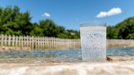 Sparkling water glass by pool, summer day