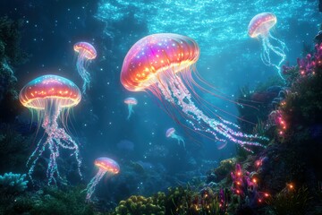 In a cosmic underwater wonderland, jellyfish glow like floating stars. Their neon-lit tendrils create a mesmerizing aquatic spectacle, embodying bioluminescent magic.