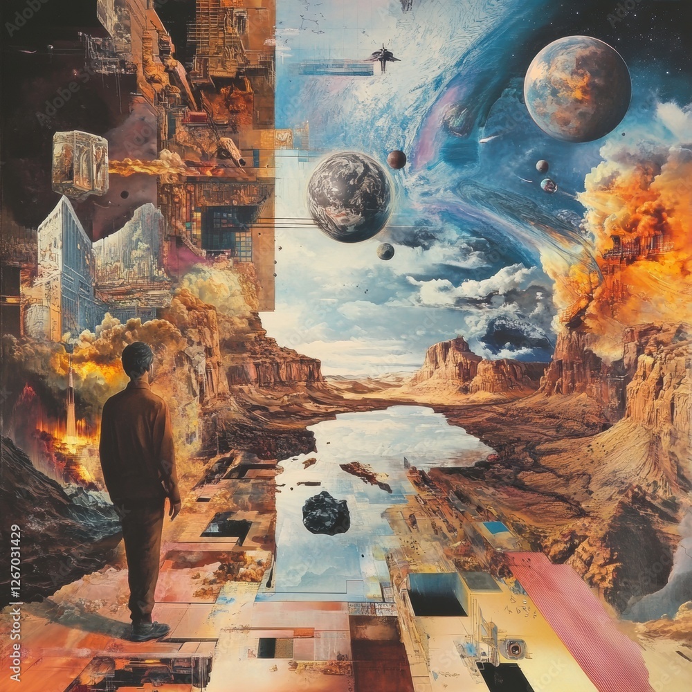 Poster vivid representation of a surreal landscape blending nature and futuristic elements in a cosmic sett