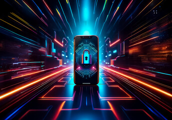 A phone with a lock symbol is centered against a dynamic backdrop of blurred neon lines, evoking digital security and rapid technological advancement.