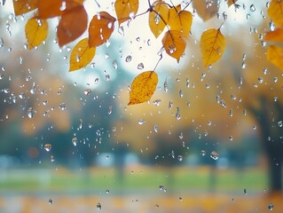 Abstract Fall Leaves Sticking to a Rain-Covered Glass Window, Vibrant Autumn Foliage in Red, Orange, and Yellow with Blurred Background and Water Droplets for a Cozy Seasonal Mood