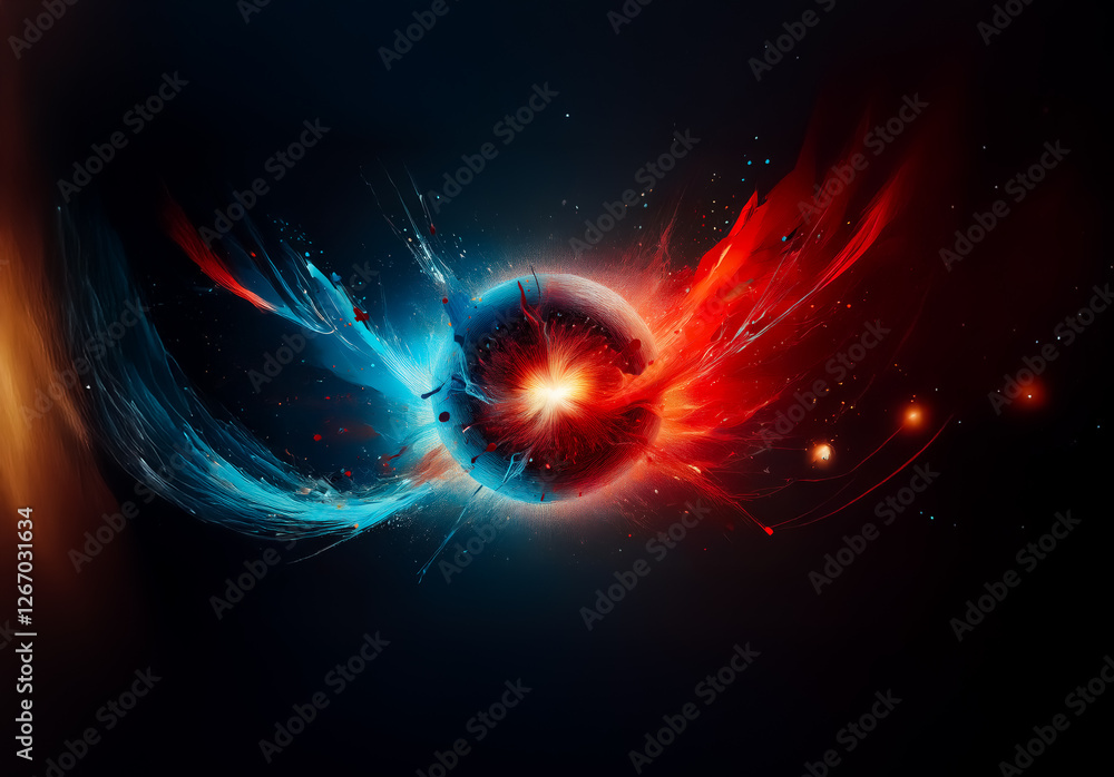 Poster abstract sphere emitting bright light, enveloped by dynamic blue and red energy trails against a dar