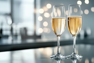 Two tall champagne glasses stand on a sleek silver surface, filled with effervescent golden liquid. The glasses exude elegance and luxury, capturing the essence of celebration.