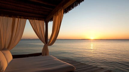Obraz premium Sunset ocean view from beach bungalow bed
