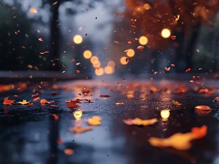 Abstract Fall Leaves Sticking to a Rain-Covered Glass Window, Vibrant Autumn Foliage in Red, Orange, and Yellow with Blurred Background and Water Droplets for a Cozy Seasonal Mood