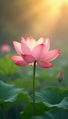 Obraz premium Soft peach and gold lotus flowers in a gentle morning mist, serene, soft peach, atmospheric