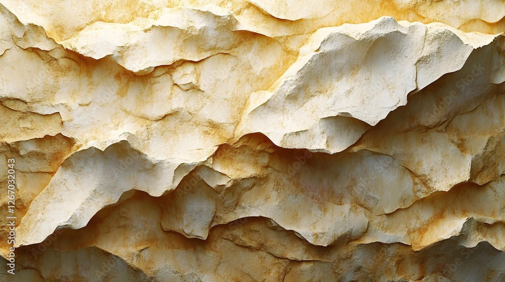 Poster Close-up view of a textured rock surface, displaying a variety of colors and patterns. The image is rich with golden and beige tones, offering a detailed look at the stone's formation. Macro detail.
