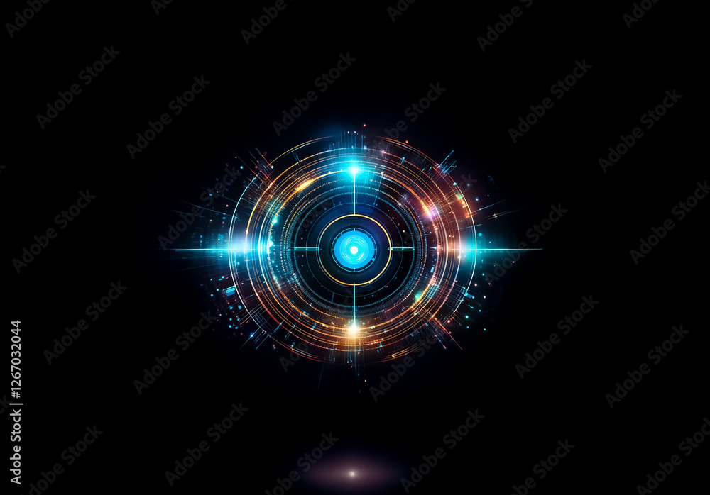 Aufkleber A vibrant abstract design featuring concentric circles with glowing blue and orange lights emanating from the center against a dark backdrop, creating a futuristic and dynamic effect.