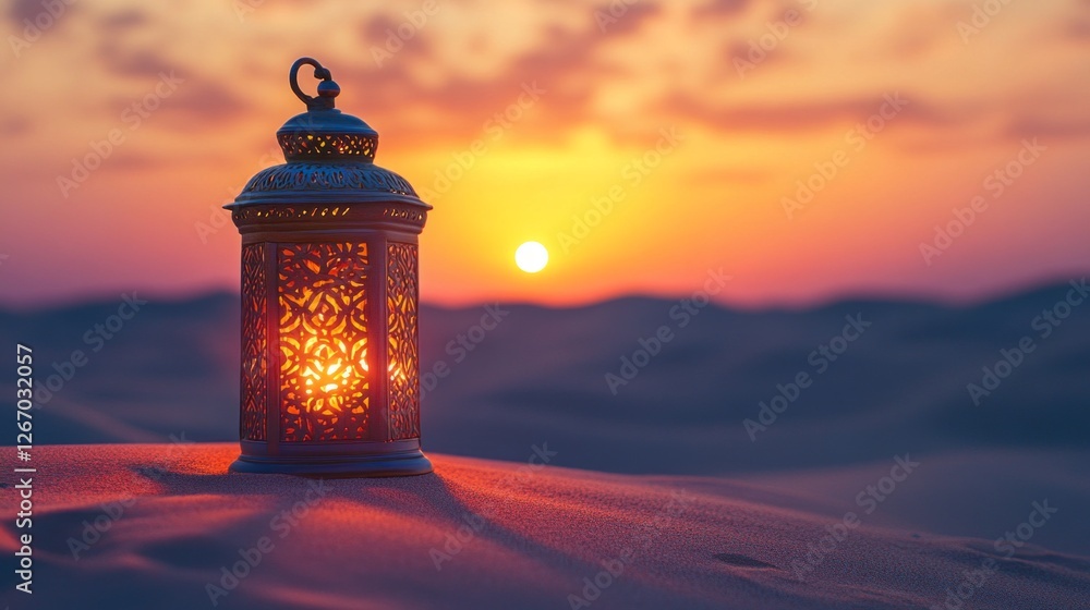 Poster as the sun sets over the desert, an exquisite oriental lamp casts a warm glow on the soft sands, cre