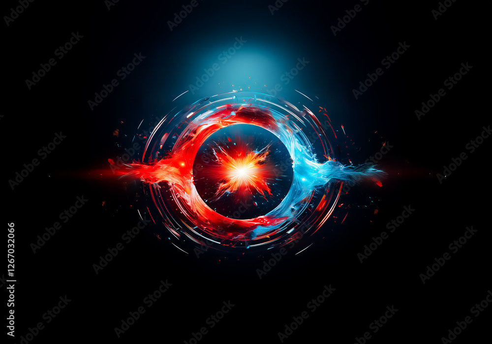 Aufkleber vibrant circular artwork with a central glowing burst. red and blue energy swirls around, contrastin