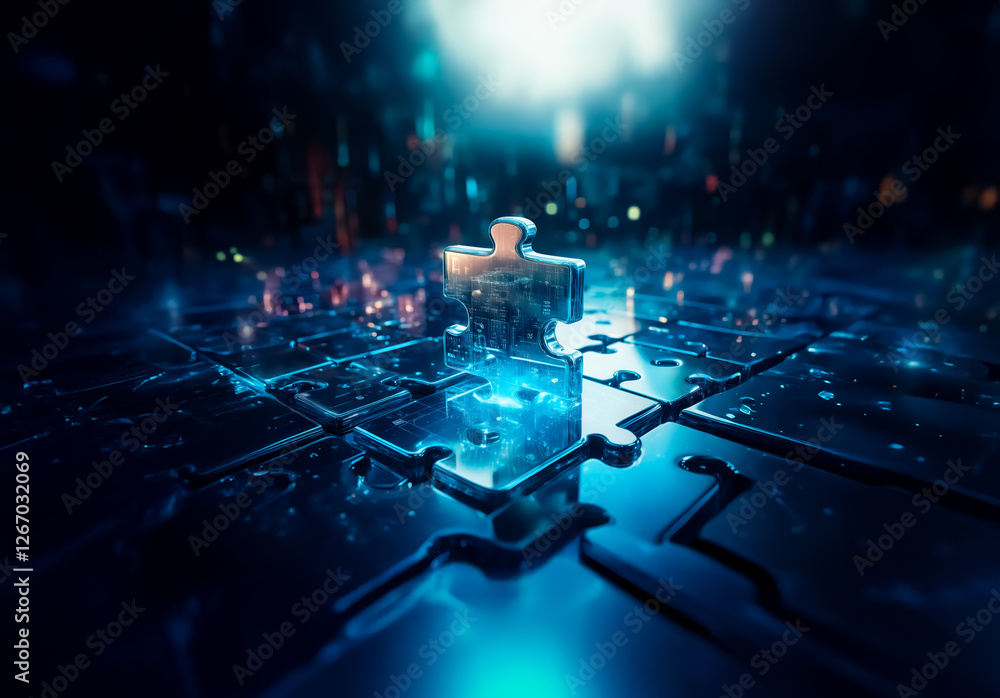 Poster Illuminated puzzle piece stands out on a dark surface resembling a circuit board with other puzzle pieces, creating a futuristic and technological ambiance.