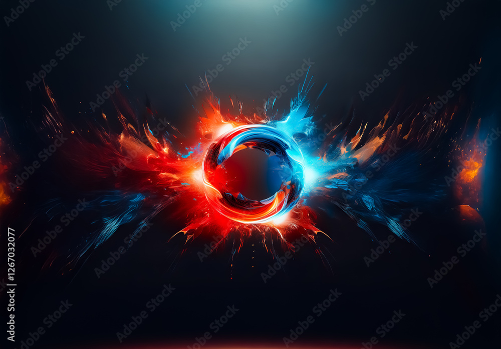 Poster vibrant abstract design featuring a central circular element with dynamic splashes of fiery red and 