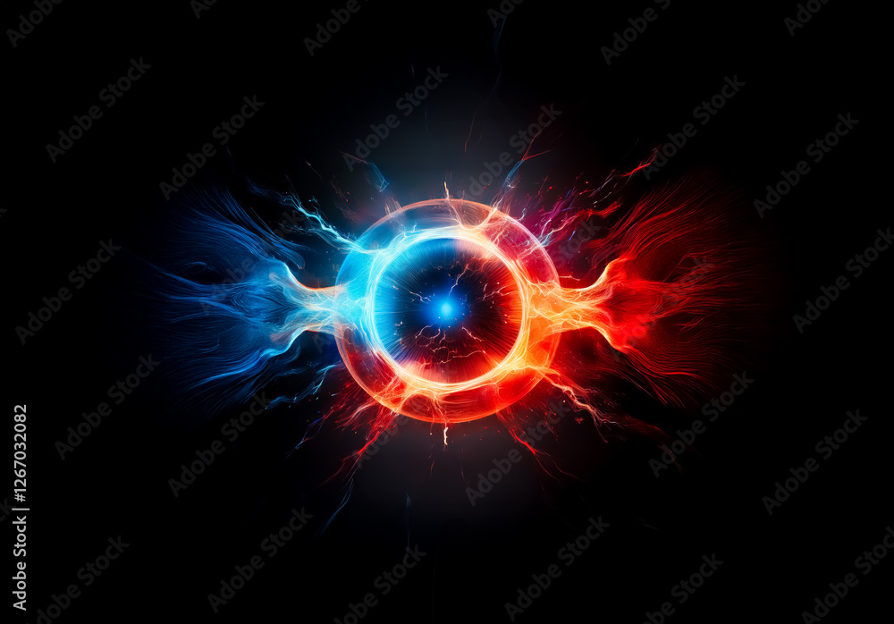 Aufkleber Vibrant energy sphere with contrasting blue and red plasma streams emanating outwards on a dark backdrop. Dynamic and captivating visual element.