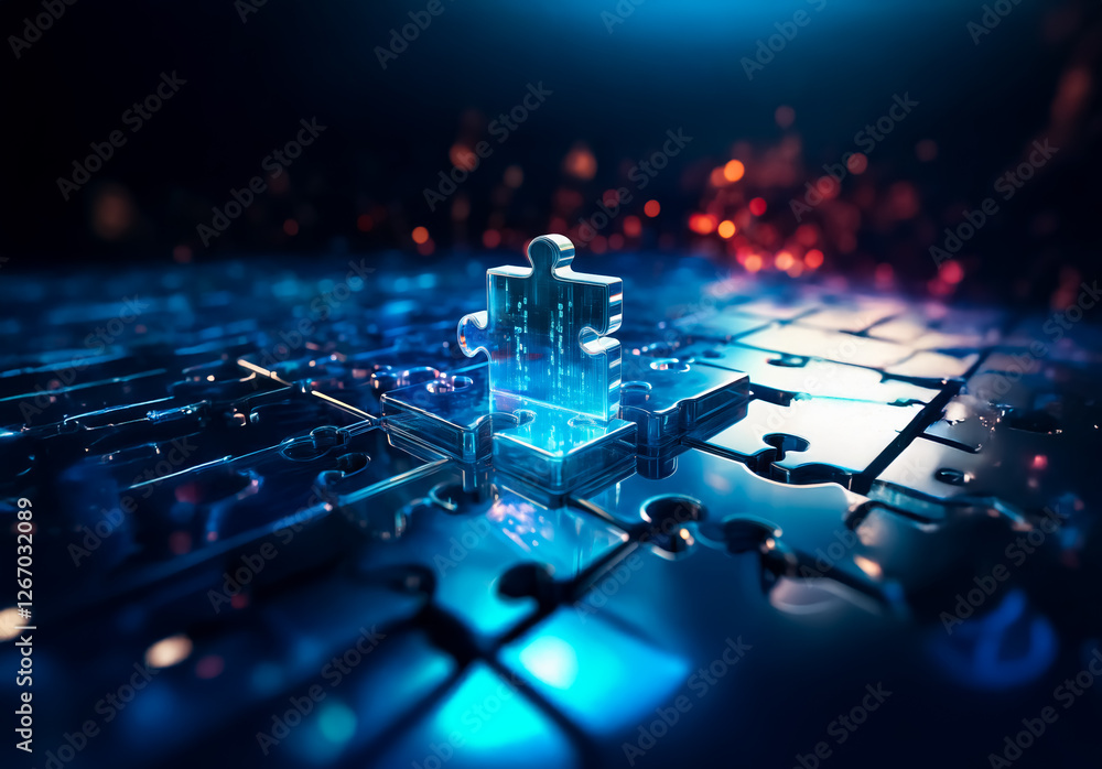 Leinwandbilder illuminated puzzle piece atop a digital circuit board suggests technological integration and problem