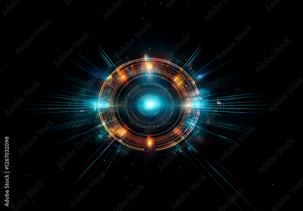 Poster bright circular abstract object with radiating beams of light in blue and orange hues. luminous and 