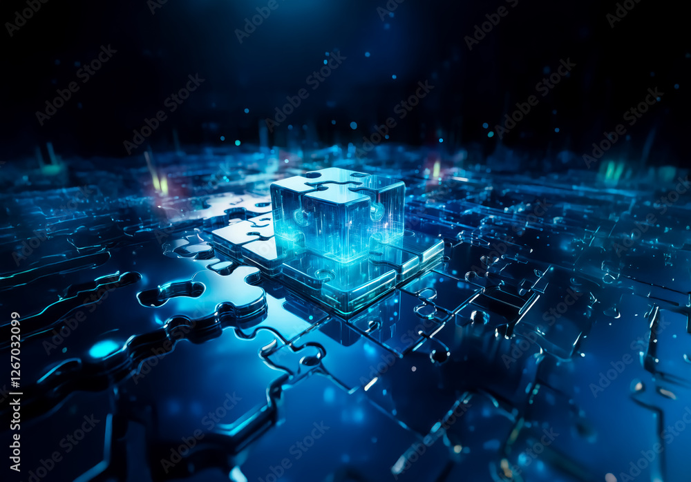 Fototapete A glowing puzzle cube rests on a sleek, dark surface with circuit-like patterns. Blue light emanates from the cube, illuminating the jigsaw shapes below in a futuristic style.