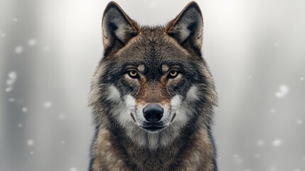 Naklejka premium Close up of wolf in snowy forest, looking at camera for nature related usage