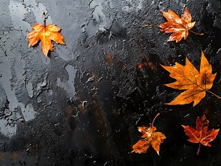 Abstract Fall Leaves Sticking to a Rain-Covered Glass Window, Vibrant Autumn Foliage in Red, Orange, and Yellow with Blurred Background and Water Droplets for a Cozy Seasonal Mood