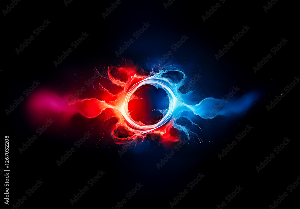 Poster vibrant abstract design featuring a central circular shape, split with dynamic red and blue energy f