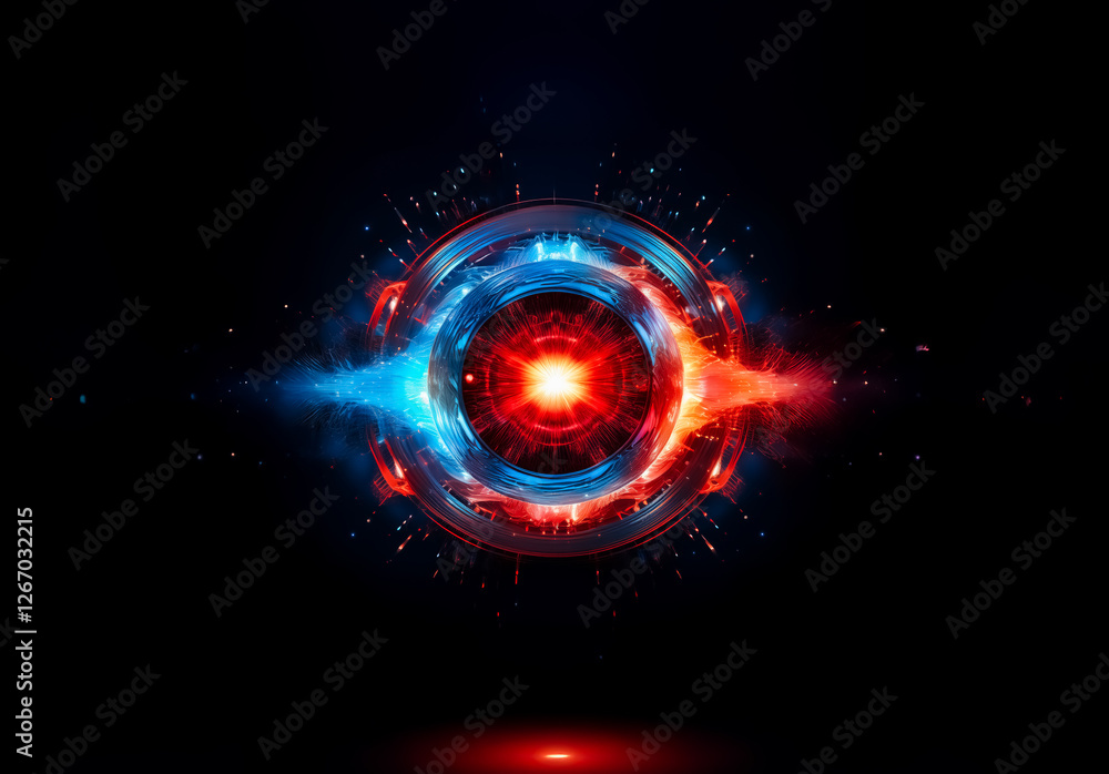 Poster abstract digital art featuring a central glowing circle with red and blue energy emanating outwards 