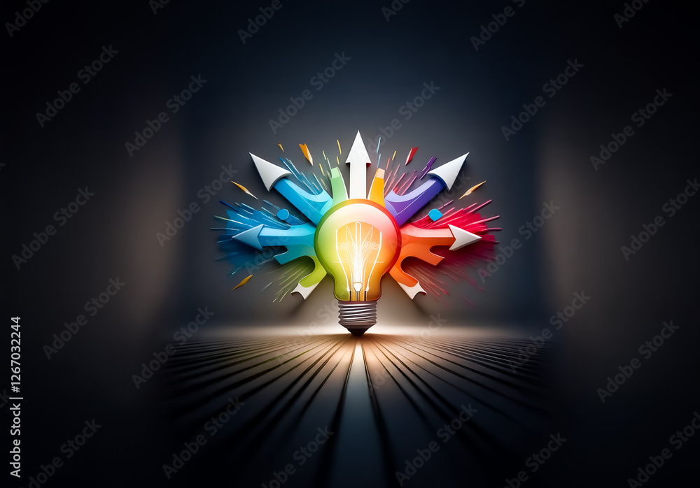 Poster a vibrant light bulb radiates bright light, surrounded by colorful arrows pointing in diverse direct