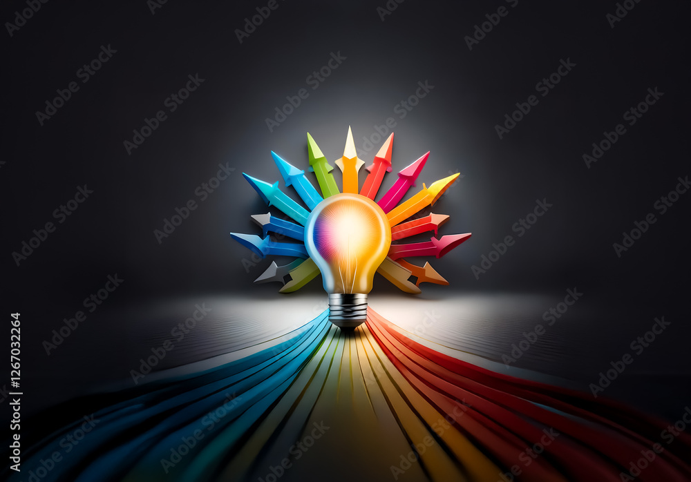 Aufkleber a vibrant lightbulb emits bright light, surrounded by colorful arrows pointing inwards, symbolizing 