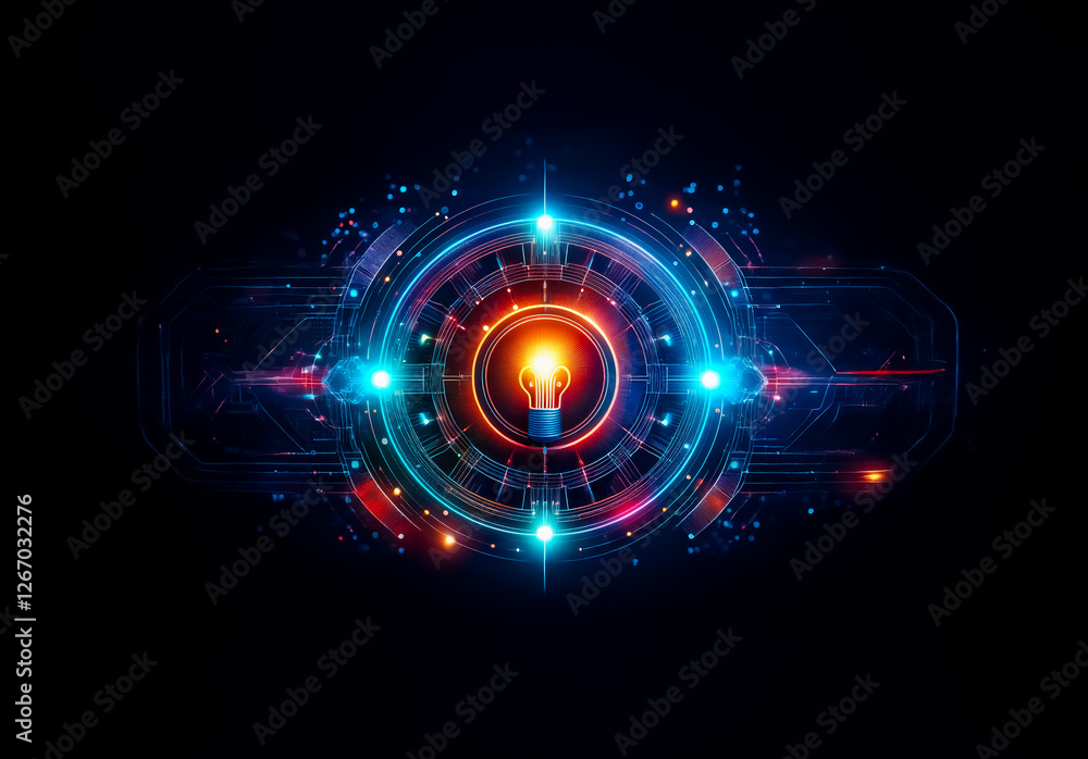 Poster glowing light bulb at the center of futuristic circular technology design, radiating bright energy o