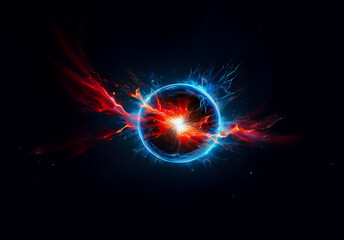 Obraz premium Vibrant circular energy core bursts with dynamic blue and red hues against a dark background, radiating cosmic power and abstract intensity.