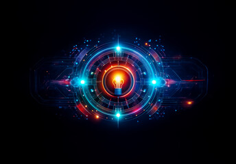 Obraz premium Glowing light bulb at the center of futuristic circular technology design, radiating bright energy on a dark background. Abstract digital and modern concept.