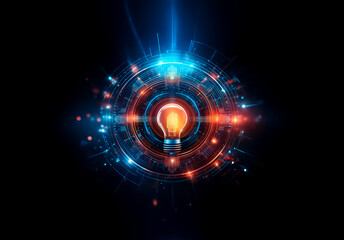 Glowing light bulb at center surrounded by circular, futuristic, glowing elements in blue and orange against a black backdrop. Concept of idea.