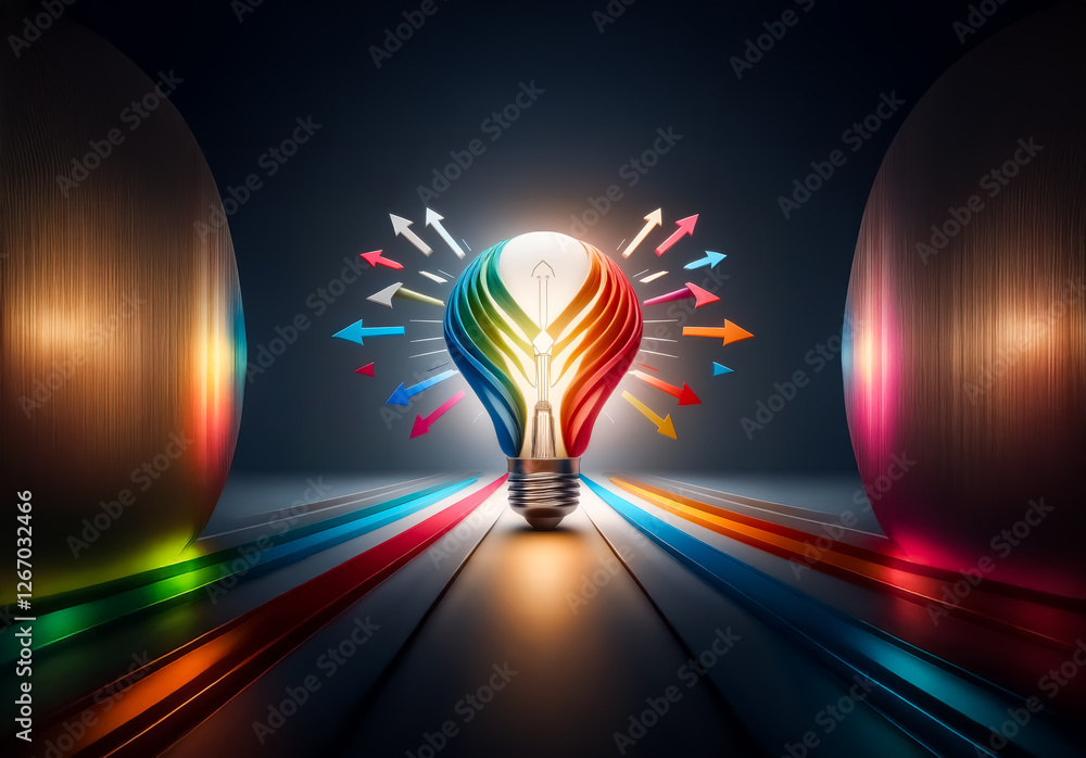 Poster bright light bulb emitting colorful arrows in a modern setting, symbolizing idea generation and inno