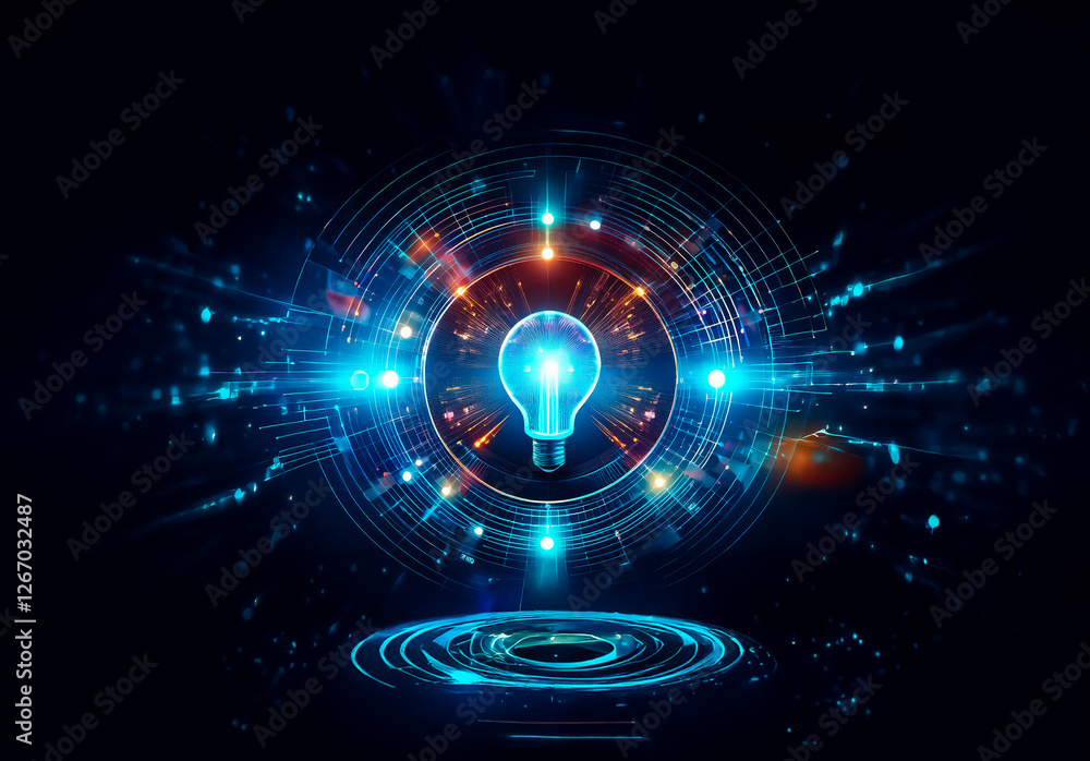 Poster A glowing light bulb is centered in a dark backdrop, surrounded by bright blue and orange circles and lines, evoking concepts of technology, innovation, and ideas.