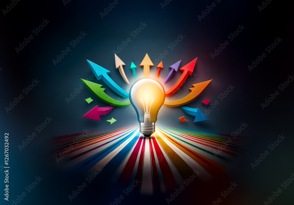 Poster bright lightbulb illuminates with radiating colorful arrows pointing outwards against a dark backdro