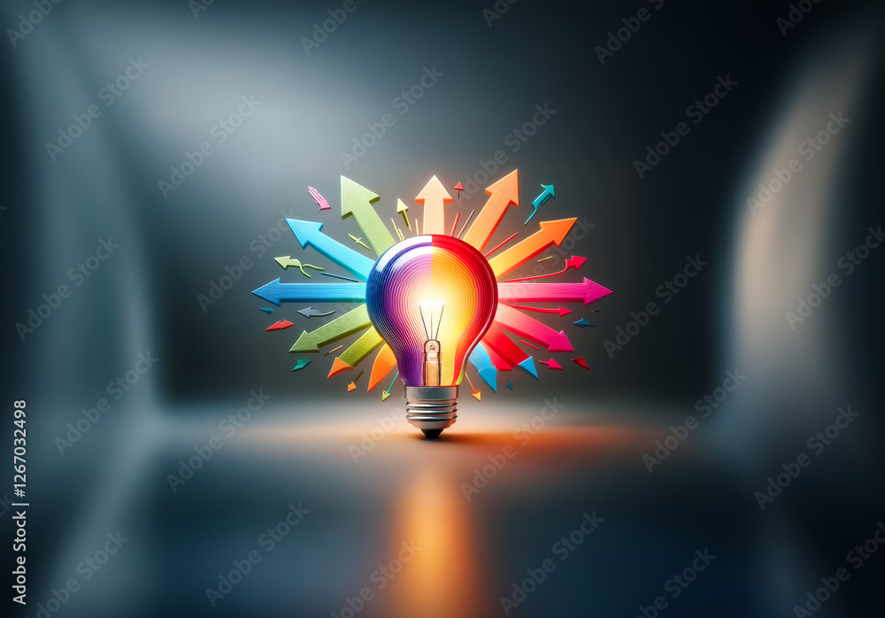 Aufkleber illuminated light bulb emits vibrant rays, represented by colorful arrows pointing outwards, symboli