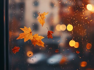 Abstract Fall Leaves Sticking to a Rain-Covered Glass Window, Vibrant Autumn Foliage in Red, Orange, and Yellow with Blurred Background and Water Droplets for a Cozy Seasonal Mood